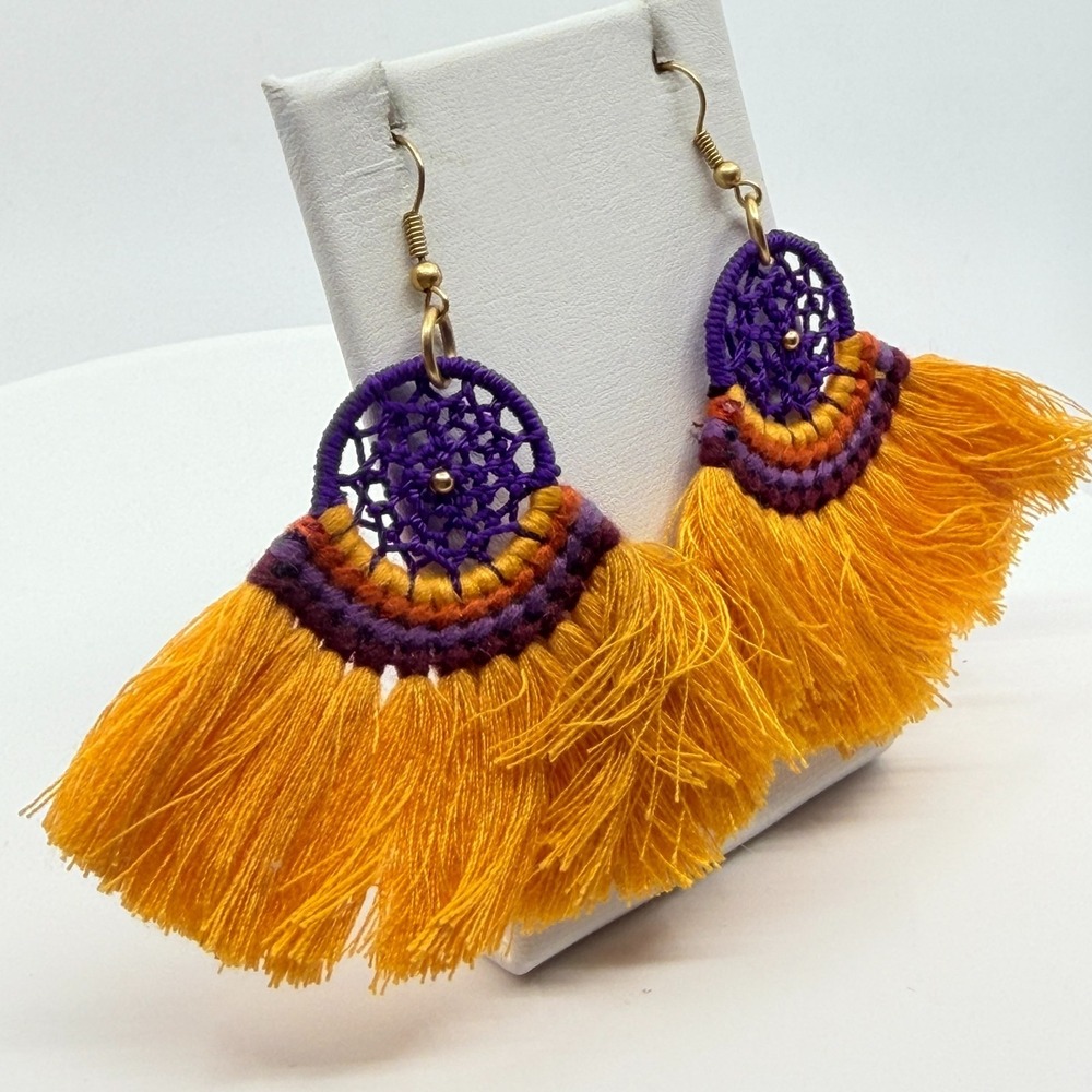 VTG Boho Dreamcatcher Tassel Dangle Earrings - Yellow & Purple Chic - Picture 8 of 10